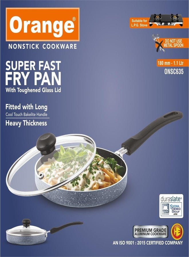 Orange Granico Series Nonstick Super Fast Fry Pan with Glass Lid (180mm, 1.1 Litre Capacity) | 2 Layer Coating | Egg Fry/Omlette/Pizza | Cool Touch Bakelite Handle | 2.6mm Thickness | Granico Finish - Image 2